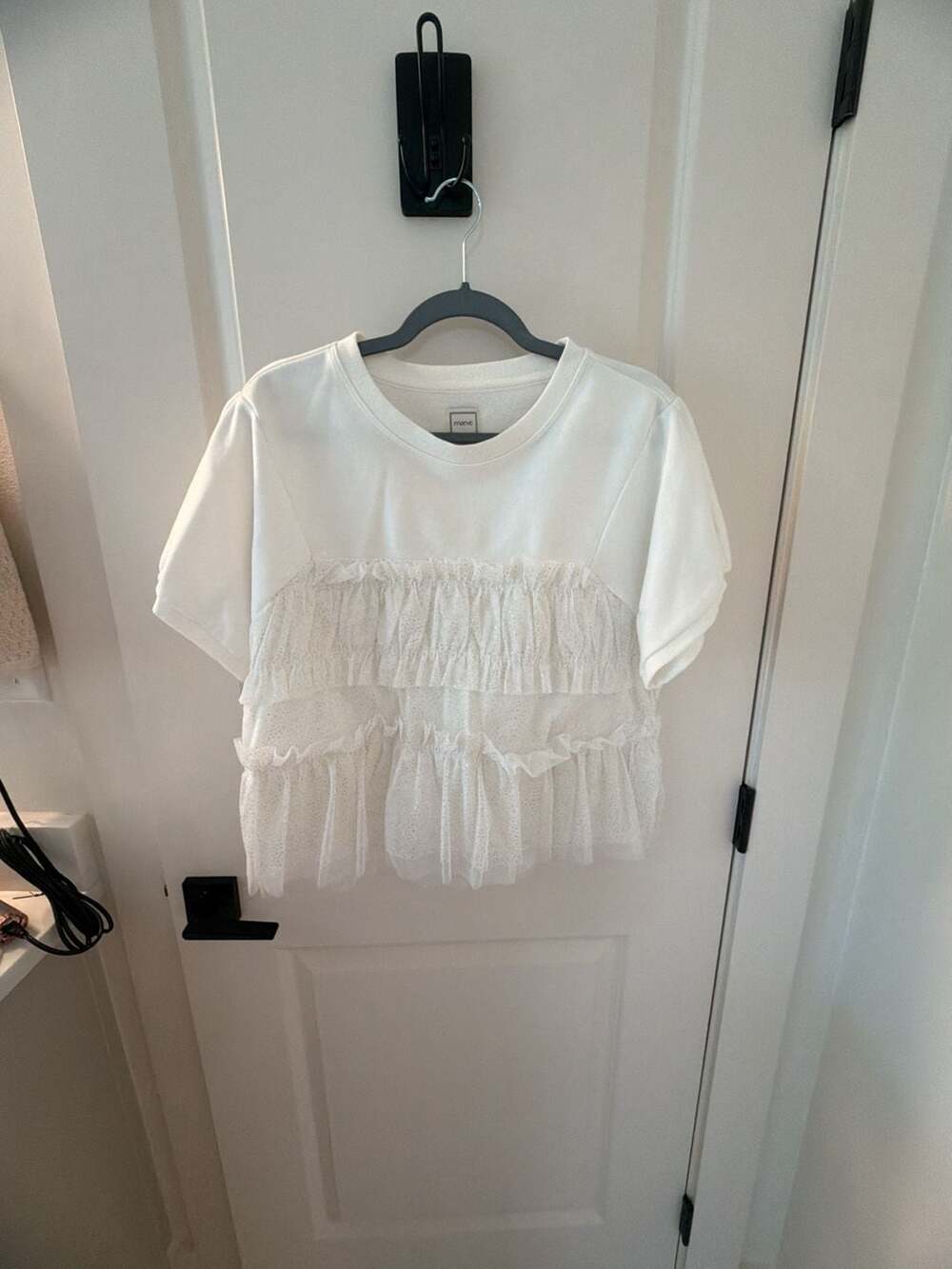 Maeve White Ruffled Eyelet Overlay Short Sleeve Top